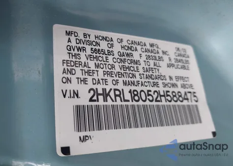 2002 Honda Odyssey Ex-L z USA, uszkodzony, nr VIN 2HKRL18052H588475